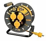 Masterplug Pro-XT Enrouleur de câble 25 m, rallonge prise IP55, rallonge électrique 3 prises Schuko, rallonge prise professionnelle