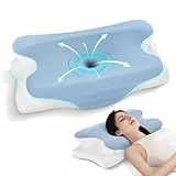 JINXIA Oreiller Ergonomique Cervical, Oreiller Apnée du Sommeil et Anti-Ronflement, Coussin Ergonomique Cervical pour Toutes Positions, avec Housse Amovible, Bleu Blanc