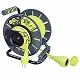 Masterplug Pro-XT Enrouleur ouvert inversé avec prise en ligne résistante aux intempéries 30 m avec câble haute visibilité inversé de 3 m, vert