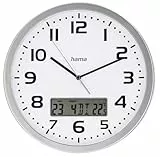 Hama Horloge Murale DCF Moorea (Pendule Murale avec Affichage Digital de la Date et de la Température, Montre de Cuisine Ø 30 cm, Idéale Entrée, Salon, Cuisine, Atelier ou Salle d'attente) Argent