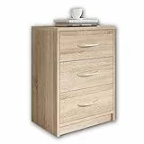 Stella Trading PEPE Table De Chevet, Aspect Chêne Sonoma, Table De Nuit Sobre Avec 3 Tiroirs, Convient Pour Tout Lit Et Toute Chambre, 39 x 54 x 28 cm (L/H/P)
