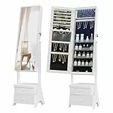 Hzuaneri Armoire à Bijoux 8 LEDs, 108cm de Haut avec Miroir sans Cadre, Organisateur de Porte-Bijoux, Rangement de Bijoux de Maquillage Autonome avec 1 tiroir, 5 étagères, Blanc et Noir JC14803B