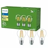 Philips, lot de 3 ampoules LED classe énergétique A, culot E27 équivalent 40W, Blanc chaud 2700K, claire