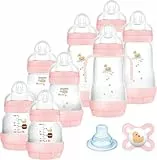 MAM Biberon Easy Start Lot de 8 biberons en formats de 130 ml, 160 ml et 260 ml, 1 sucette de démarrage nano, 4 tampons d'étanchéité, 1 bec extra doux et poignées, couleur rose, 730 g