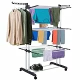 CORIBI Etendoir Linge, 4 Niveaux Grande Sechoir a Linge Pliable avec Roues, Acier Inoxydable,Seche Linge Etendoir pour Intérieur et Extérieur, Couleur Gris