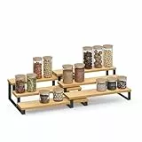 SONGMICS Étagère à Épices, Lot de 2, Étagère de Rangement, Porte-épices Extensible à 3 Niveaux, Bois d’Ingénierie, Empilable, pour Placard, Cabinet, Comptoir, Beige Naturel et Noir d'Encre KCS016N01