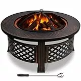VOUNOT® Brasero Extérieur Ø81cm en Métal avec Pare Étincelles Couvercle et Tisonnier Chauffage de Jardin Terrasse Foyer Rond Noir