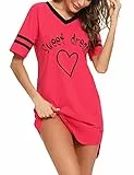 Litherday Chemise de Nuit Femme en Coton Robe de Nuit à Manches Courtes Vêtement de Nuit avec Col V Rayé Motif Coeur et Impression Imprimé,Cramoisi,XL