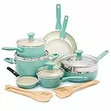 GreenPan Rio Batterie de Cuisine Antiadhésive en Céramique Saine de 16 Pièces,Comprend Poêles à Frire,Casseroles,Ustensiles,Sans PFAS,Poignée Rester Froid,Va au four jusqu'à 160°C,Turquoise & Crème
