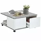 FMD furniture Table Basse Table de Salon Beton/Blanc Brillant LxHxP Env. 70 X 70 X 36 Cm 2 Compartiments + 2 Tiroirs, sur roulettes