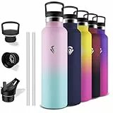 Grsta Gourde, Bouteille Isotherme 1l, Anti Fuite, Gourde Paille Adulte, Double Isolation, Inox, Acier Inoxydable 18/8, sans Bpa, pour Randonnée, Camping, Aptitude, Sportif, Yoga