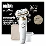 Braun Epilateur Pour Femmes Pour Les Jambes Et Le Corps Silk-épil 9 9-041 3D, Blanc-Doré, Tête Flexible À 360°, Etanche, Sans Fil, Sabot Tondeuse, Rouleaux Massage, Kit D’Epilation Avec Tête De Rasoir