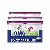 OMO Lessive Capsules 3en1, Jasmin et Fleur de Coton, Testée dermatologiquement, Respectueuse des peaux sensibles, Propreté éclatante, Parfum longue durée, 81 Capsules (Lot de 3x27 Lavages)