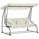 Outsunny Balancelle de Jardin 3 Places Convertible Toit Inclinaison réglable 2 tablettes Support 2L x 1,2l x 1,64H m Acier Noir Polyester Beige