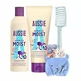 Ensemble shampooing et après-shampoing végétaliens pour cheveux secs avec shampooing et après-shampoing Aussie Miracle Moist à l'huile de noix de macadamia, brosse démêlante, chouchous et bonnet de