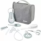 Béaba, Trousse de Toilette Bébé Nomade - 9 Accessoires dont Thermomètre de Bain, Thermomètre Digital, Anneau de Dentition, Masseur de Gencives, Mouche Bébé Manuel, Green Blue