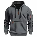 Générique Sweat à Capuche Demi-zippé Homme Automne Hiver Coupe Ample Chaud Doublé de Polaire Col V Manches Longues Sweatshirt Couleur Unie Léger Multi-Poches Comfort Everyday Sweat