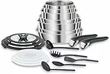 Lagostina Ingenio Inox Lot de 20 casseroles et poêles en acier inoxydable, convient à l'induction, batterie de casseroles avec 3 casseroles, 3 poêles, 6 couvercles, 5 ustensiles de cuisine, 2 poignées