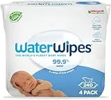 WaterWipes Original Baby Wipes, 240 unités (4 paquets), 99,9 % d'eau, 3-en-1 nettoie, soigne, protège, non parfumées, emballage pouvant varier