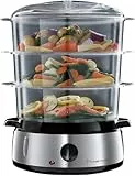 Russell Hobbs Cuiseur Vapeur [Grande capacité] Cook@Home (800W, 9 L, 3 niveaux, 1 panier cuiseur de riz + 6 supports à œufs incl., écran digital, minuterie programmable, 3 Paniers sans BPA) 19270-56