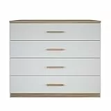 Demeyere Selena Commode de Chambre Adulte scandinave 4 tiroirs, Blanc Perle/Chêne brossé, Bois, 100 x 41,6 x 84,7 cm