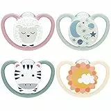 NUK Space Day & Night Tetine pour bébé | 18-36 mois | Sucettes phosphorescentes avec aérations extra-larges pour les peaux sensibles | Silicone sans BPA | Zèbre & Mouton | Lot de 4