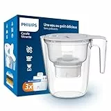 Philips Water Carafe filtrante avec 3 cartouches de remplacement, minuterie électronique, débit rapide, filtre le CHLORE, le CALCAIRE, les MÉTAUX LOURDS et les MICROPLASTIQUES, capacité de 2.6 L