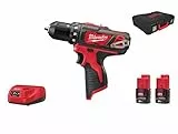 Perceuse Visseuse MILWAUKEE 12V 2.0Ah Li-Ion, Livré avec 2 Batteries 12V 2Ah Nouvelle technologie 12V lithium Ion compacte, 2 vitesses, 1500 t/mn, couple de 30 Nm, Vitesse variable à l’interrupteur