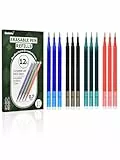 Donluhu Recharges pour Stylos Éffaçables [3 Noir, 3 Bleu, 3 Rouge, 3 Vert, pack de 12, 0.7 mm] Compatibles avec les stylos Pilot FriXion Ball & Clicker, mines rechargeables pour stylos gel effaçables