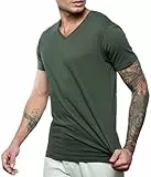 Leif Nelson T-shirt pour homme, avec col en V, coupe ajustée, basique, en coton, à manches courtes, pour le quotidien et les loisirs, kaki, M