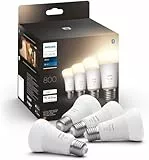 Philips Hue White, ampoule LED connectée E27, équivalent 60W, 800 lumen, compatible Bluetooth, Pack de 4, fonctionne avec Alexa, Google Assistant et Apple Homekit