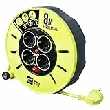 Masterplug Pro-XT Enrouleur de câble 8 mètres, 4 Prises EU Schuko, rallonge électrique 16A, Protection Thermique, câble Haute visibilité