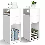 vounot® Lot de 2 Table de Chevet Étroite 25x30x66cm Chevet de Lit avec 2 Compartiments Ouverts et 1 Tiroir Table de Nuit Moderne pour Chambre à Coucher et Salon Blanc
