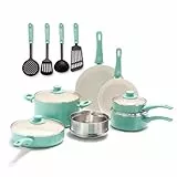 GreenLife Soft Grip Batterie de Cuisine avec Revêtement Antiadhésif Sain en Céramique Sans PFAS 15 pièces, Avec Poêles, Casseroles, Faits-touts,Marmites,Induction,Lave-vaisselle,Jusqu'à Four,Turquoise