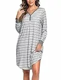 Nieery Chemise de Nuit Femme Manche Longue à Rayures en Coton - Pyjama Hiver Mi-Long Col en V Avec Poche - Robe de Nuit Ample Grande Taille