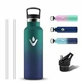 Grsta Gourde Isotherme 500ml, Gourde Inox Avec 2 Bouchons, Bouteille d'eau en Acier Inoxydable, Reutilisable Bouteille Isotherme avec Paille, Anti Fuite Gourde sans BPA pour Sport, Gym, Randonnée