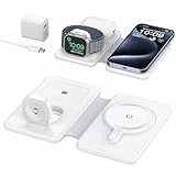 EXW Chargeur à Induction, Mag-Safe Station de Charge Portable Pliable, Chargeur sans Fil 3-en-1 pour iPhone 16 15 14 13 12, pour iWatch Ultra/10/9/8/7/6/SE/5/4/3, pour AirPods Pro/2/3/4 (Blanc)