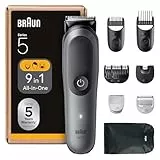 Braun Tondeuse Tout-En-Un Series 5, 9-En-1, Lame Ultra Affûtée, 120 Min D’autonomie, Protection SkinGuard Pour Le Corps, Coupe Précise Et Efficace, Manche AquaGrip Pratique Sous L'eau, AIO5545, Gris