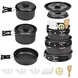 EMAGEREN Kit de Casseroles Camping 9 pièces Ustensiles de Cuisine de Camping Set 2-3 Personnes Popotes de Cuisine Camping en Aluminium et Poêle à Couverts Pliants pour Camping, Randonnée, Pique-Nique