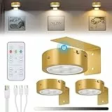 Lightsjoy Lot De 3 Lampe Murale Sans Fil Rechargeable, Eclairage Tableau Led Pile Avec Télécommande Dimmerable, Appliques Pour Tableaux Et Vitrines, Lampe Led Aimantée 3 Températures De Couleur(Doré)
