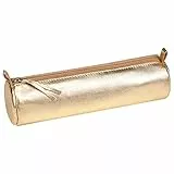 Clairefontaine 8692C - Trousse Scolaire Ronde Dorée Effet irisé Ø5,5x22 cm en Véritable Cuir d'Agneau