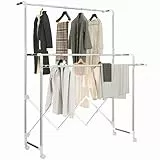 HOMCOM Séchoir à Linge Pliable étendoir Linge intérieur à 3 Barres réglables et 4 roulettes seche Linge etendoir en Acier Inoxydable 104-150 x 103 x 145-197 cm Argent