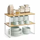 SONGMICS Étagère à Épices, Lot de 2, Organisateur de Placard, Étagère de Rangement de Cuisine Extensible, Porte-épices Empilable, en Métal, Bois d’Ingénierie, Blanc Nuage et Beige Naturel KCS200W01