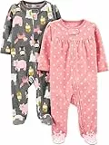 Simple Joys by Carter's Fleece Footed Sleep and Play, Pack of 2 Dormeuses Tout-Petits, Charbon Animaux de la Forêt/Rose Clair Points, Prématuré (Lot de 2) Bébé Fille