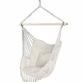 VOUNOT Chaise Suspendue en Coton Doux avec 2 Coussins Siège Suspendu Balançoire Suspendue pour Intérieur et Extérieur Hamac Portable à Franges Beige