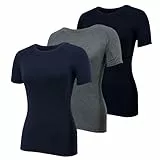 YUSHOW Lot de 3 t-Shirts et Tops de Sport Femme à Manche Courtes Sportswear Running Léger Haut Col Rond Respirant Fitness Pilates Yoga Tee Shirt,Noir+Gris+Bleu Marine,S
