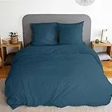 CÔTE DECO Parure de lit Unie - Set de Housse de Couette 240x220 cm + 2 taies d'oreiller 63x63cm - Microfibre lavée (Bleu, 240x220cm)