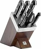 ZWILLING Bloc de Couteaux avec Auto-Affûtage (7 Pièces), Bloc Marron en Bois de Frêne, Couteaux & Ciseaux en Acier Inoxydable Spécial, Manche Plastique, série Gourmet