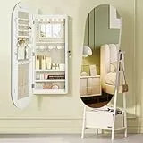 Hzuaneri Armoire à Bijoux, Miroir sur Pied avec Rangement, Lumières 6-LED et Miroir, Montable au Mur, avec portemanteau et Panier en Tissu, Elégance Moderne, Cadeau pour Les Filles, Blanc JC40903BE