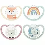 NUK Space Day & Night Tetine pour bébé | 0-6 mois | Sucettes phosphorescentes avec aérations extra-larges pour les peaux sensibles | Silicone sans BPA | Renard & Mouton | Lot de 4
